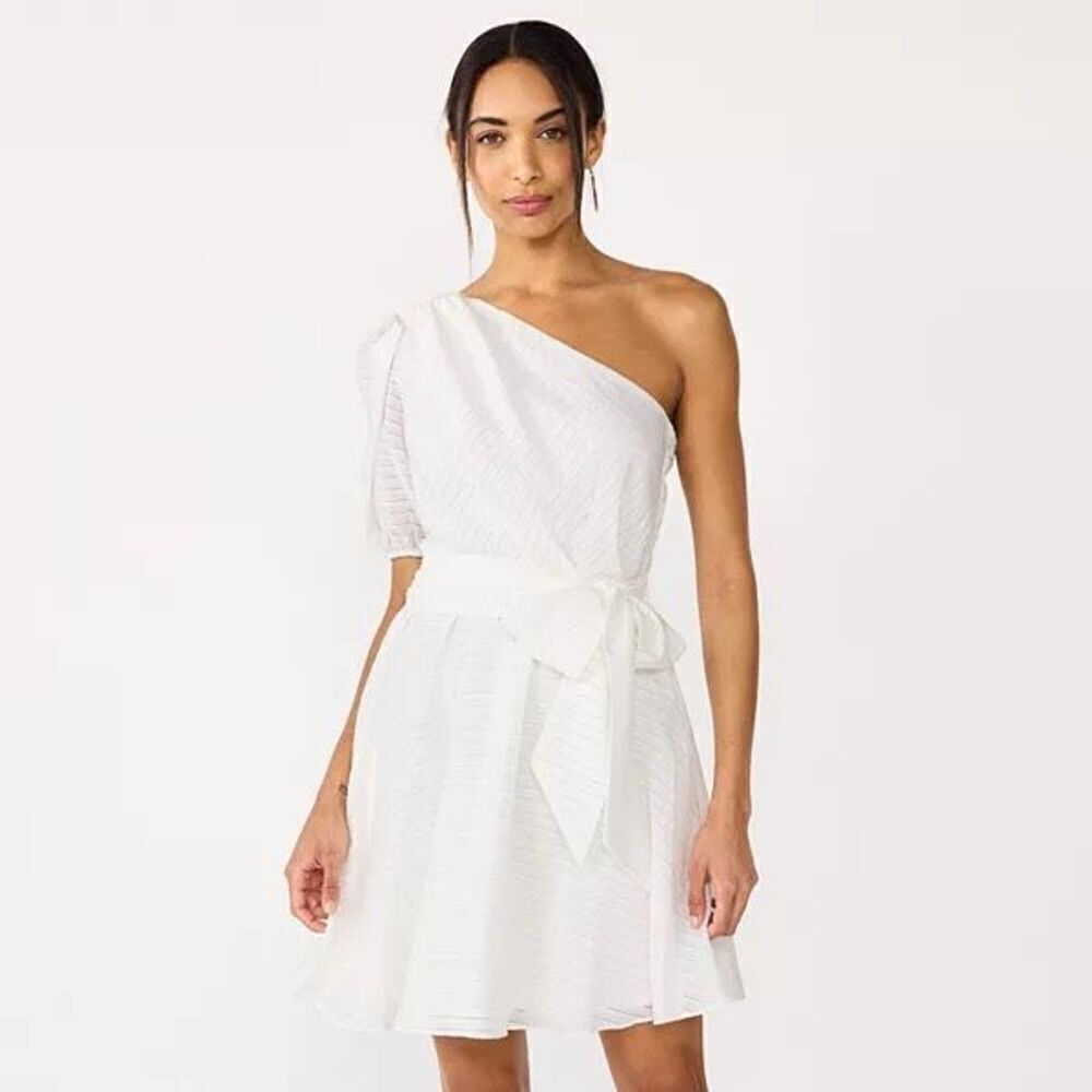 Womens Nine West One-Shoulder Fit & Flare White Tie Waist Spring Dress - Sz M